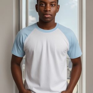 Camiseta Raglan Branco Manga Azul Bebê Sublimação