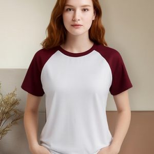 Camiseta Raglan Branco Manga Vinho 100% Poliéster Sublimação