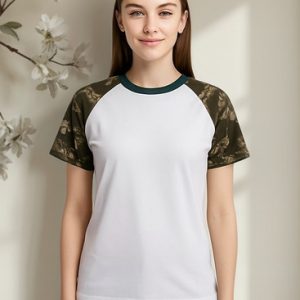Camiseta Raglan Branco Manga Camuflagem Exército Sublimação