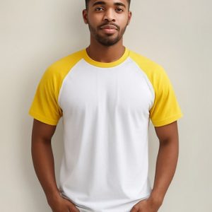 Camiseta Raglan Branco Manga Amarelo Poliéster Sublimação