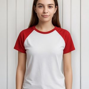 Camiseta Raglan Branco Manga Vermelho Cobalto Sublimação
